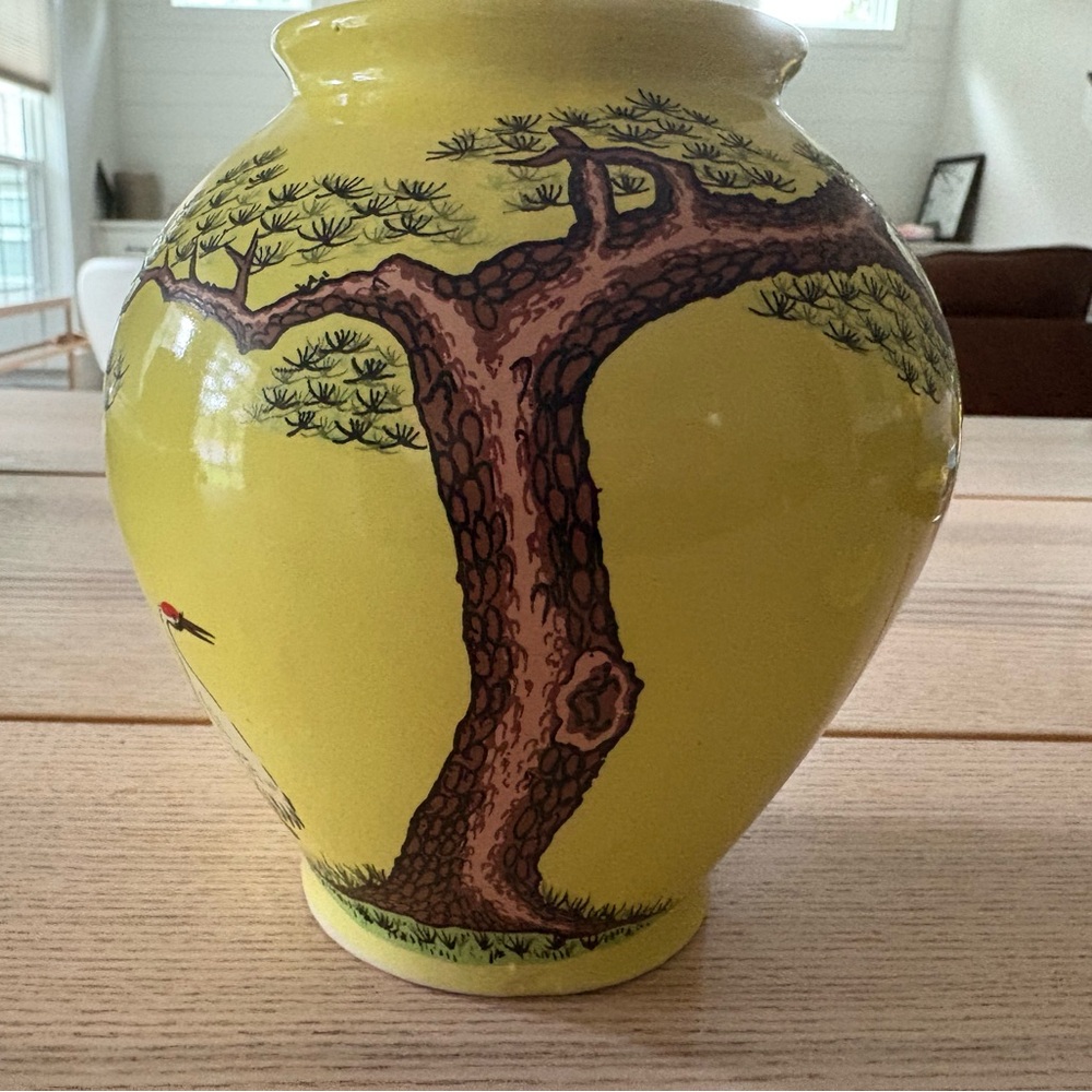 Vintage MCM Hand Painted Yellow Asian Tree Art Jar.
